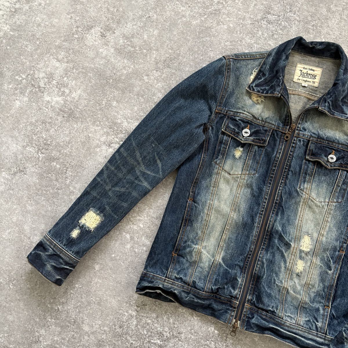【JACK ROSE】ジャックローズ ダメージ加工 デニムジャケット ジージャン トラッカージャケット ダブルジップ クロス刺繍 ユーズド加工 (3)_画像2