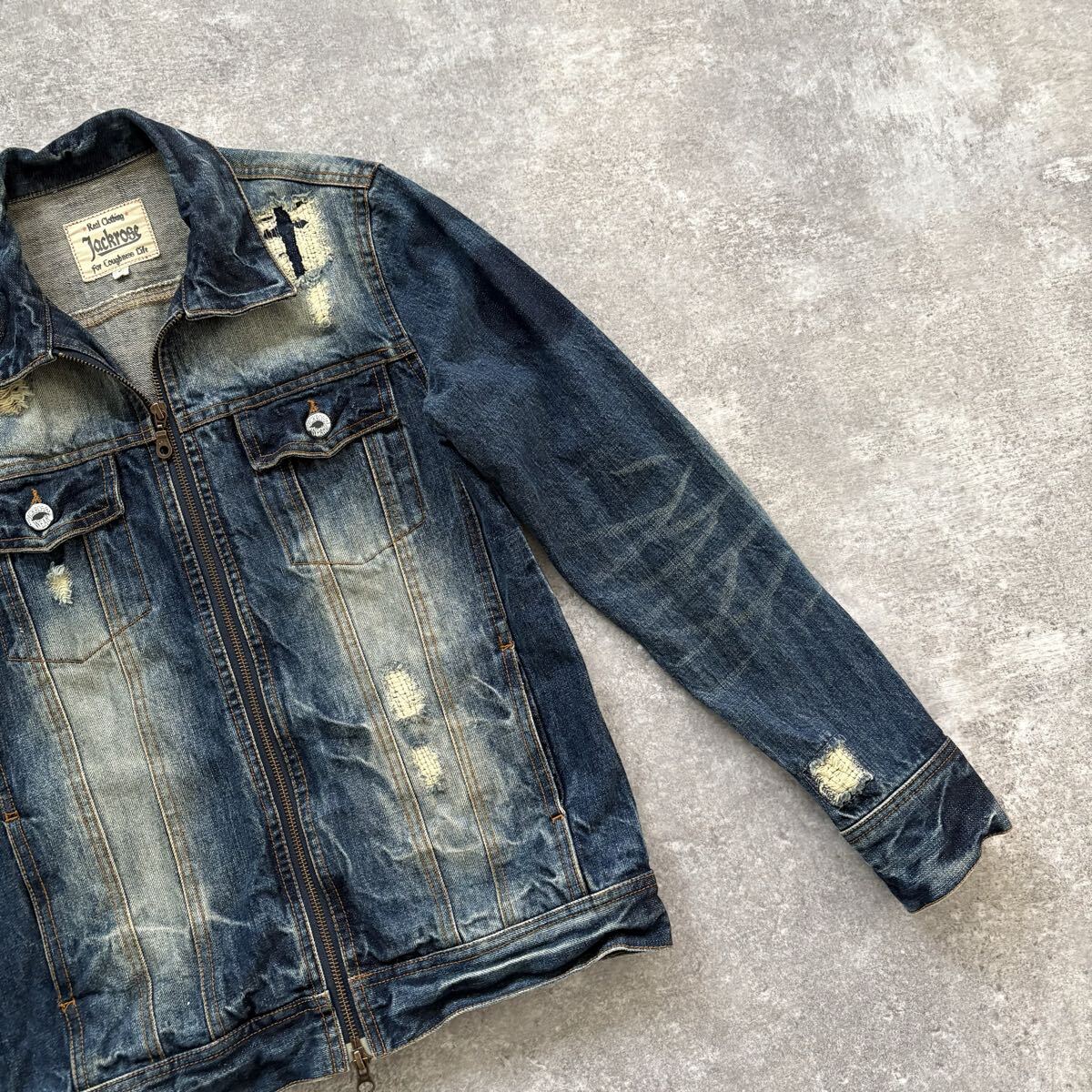 【JACK ROSE】ジャックローズ ダメージ加工 デニムジャケット ジージャン トラッカージャケット ダブルジップ クロス刺繍 ユーズド加工 (3)_画像3