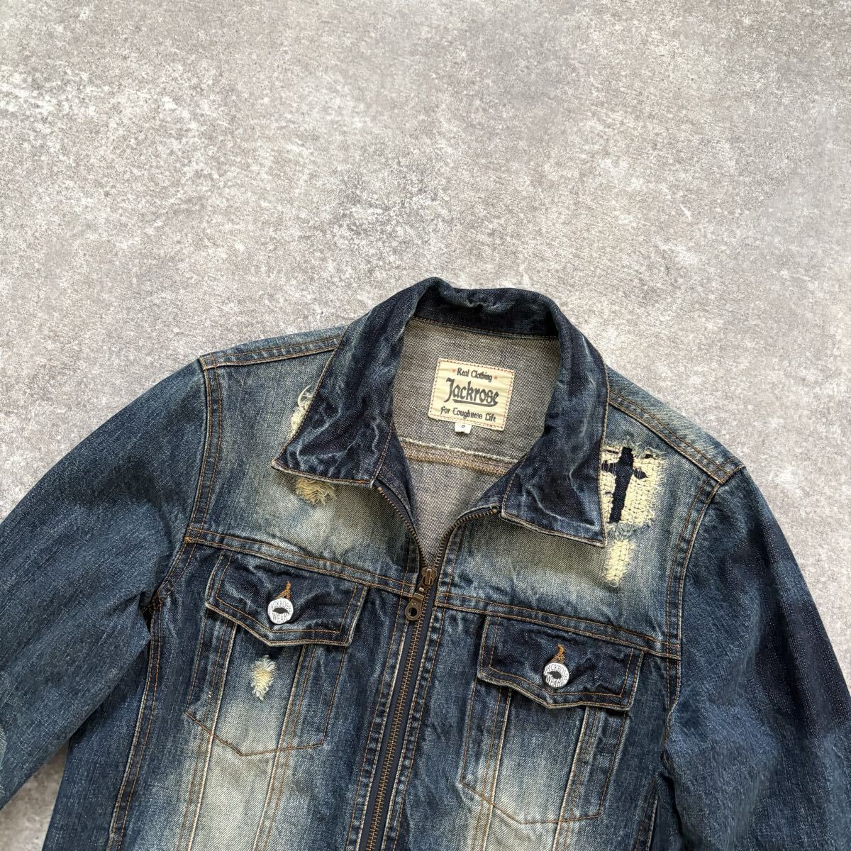 【JACK ROSE】ジャックローズ ダメージ加工 デニムジャケット ジージャン トラッカージャケット ダブルジップ クロス刺繍 ユーズド加工 (3)_画像4