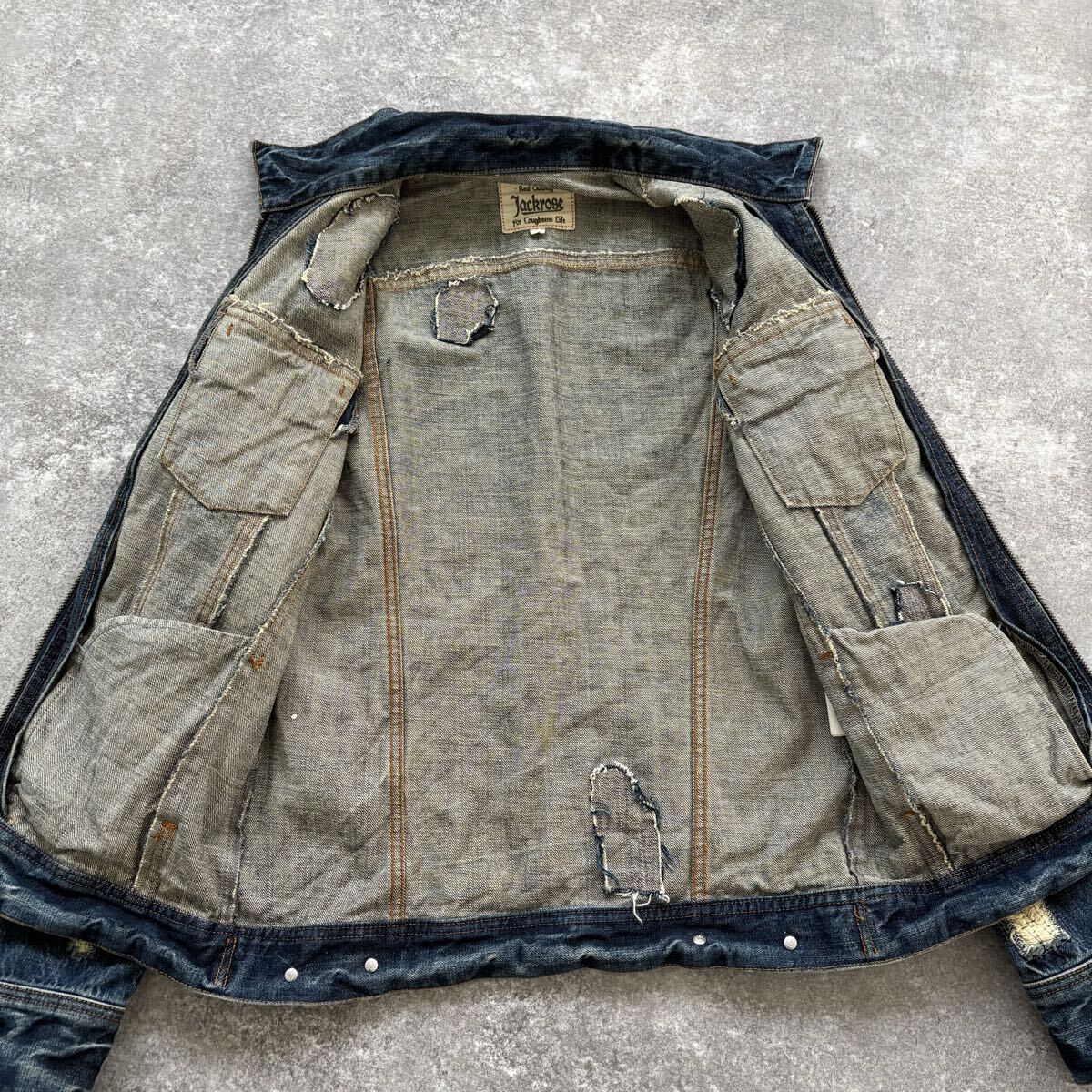 【JACK ROSE】ジャックローズ ダメージ加工 デニムジャケット ジージャン トラッカージャケット ダブルジップ クロス刺繍 ユーズド加工 (3)_画像9