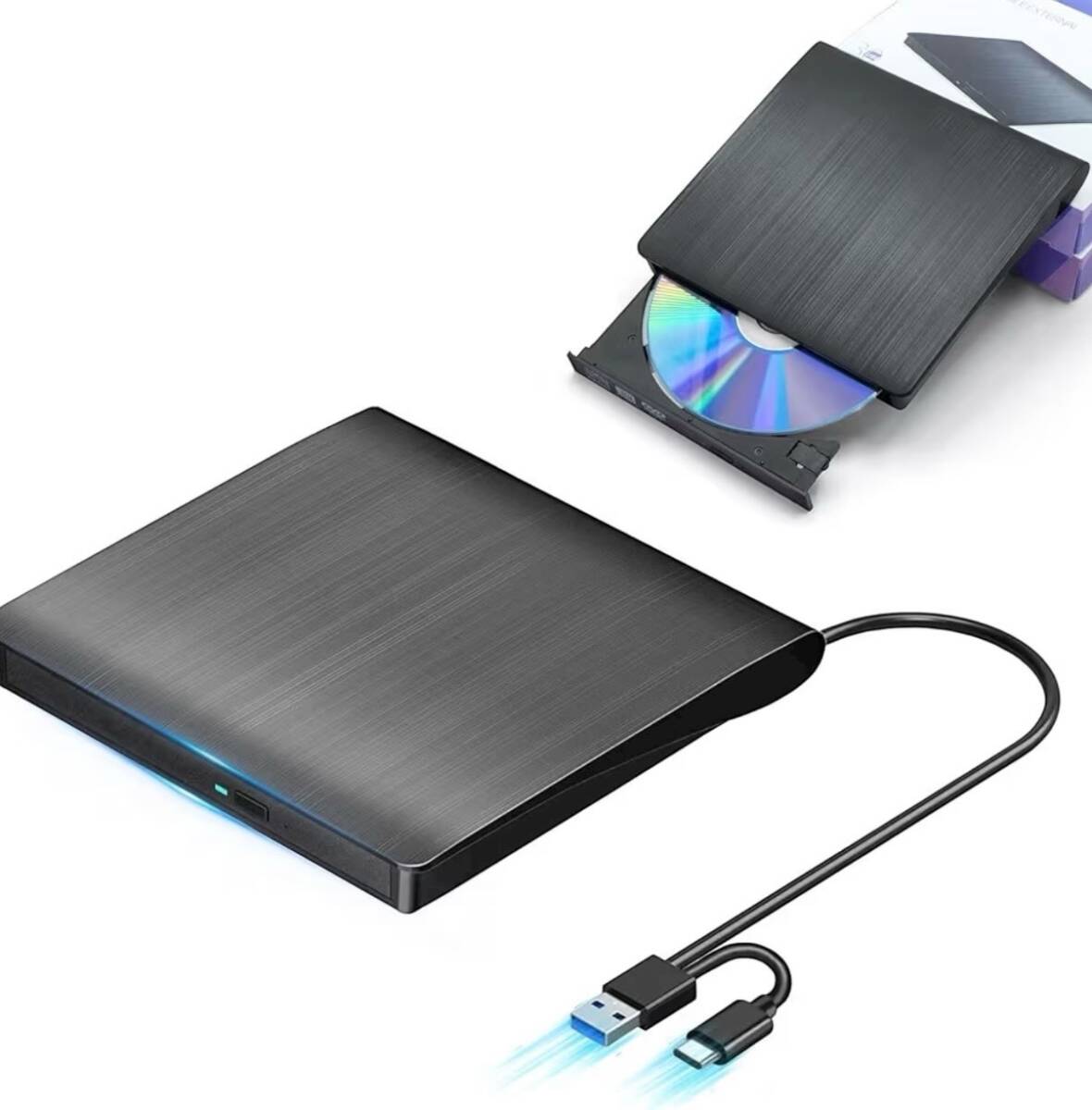 【1円オークション】外付けDVDドライブ 8XDVD& 24XCD 光学ドライブ外付け 読取/書込可 USB 2.0/3.0&Type-C両接続 (ブラック) AET0906_画像1