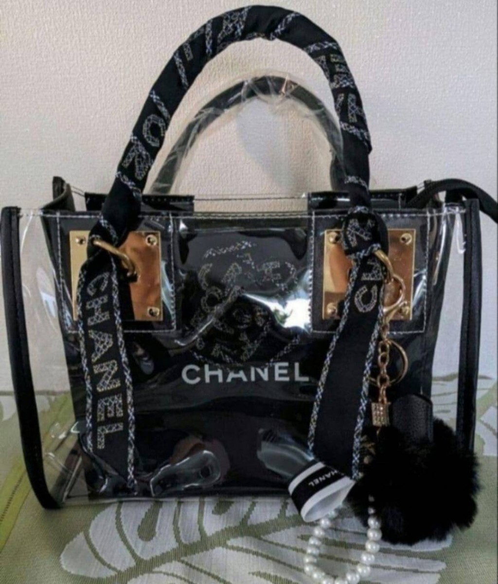 シャネル銀座限定カメリア付きショップ袋、リボン付きと新品クリアバックブラック_画像1