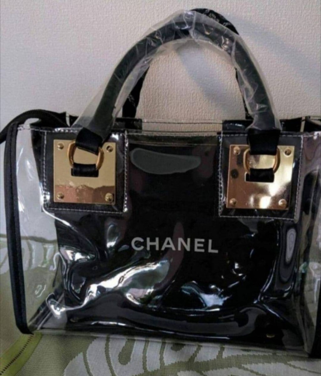 シャネル銀座限定カメリア付きショップ袋、リボン付きと新品クリアバックブラック_画像4