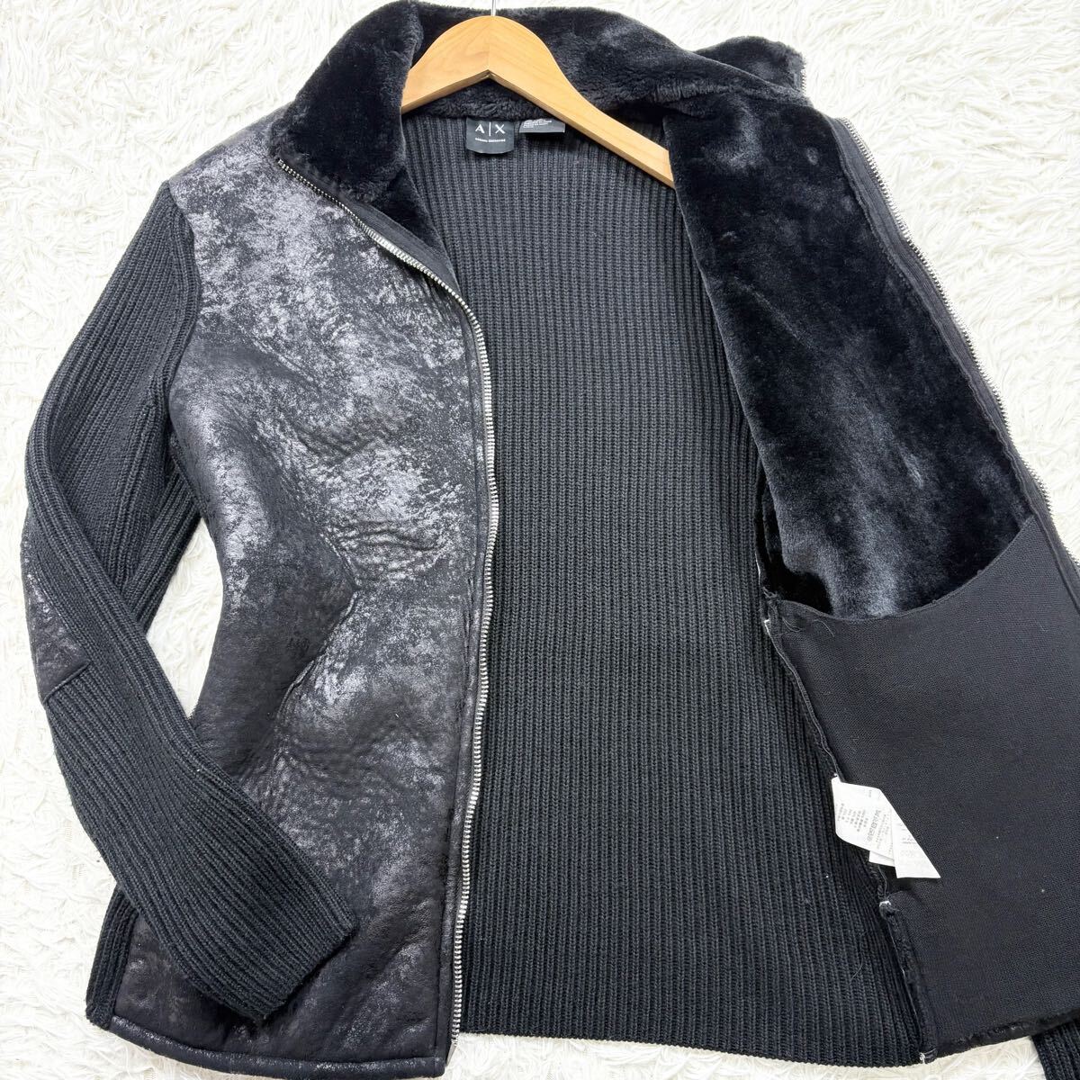 極美品/Lサイズ◎アルマーニエクスチェンジ ムートン 切替 ドライバーズニット ジップアップ ブルゾン ARMANI EXCHANGE 黒 ブラック メンズ_画像1