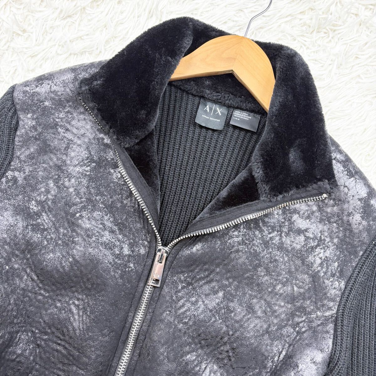 極美品/Lサイズ◎アルマーニエクスチェンジ ムートン 切替 ドライバーズニット ジップアップ ブルゾン ARMANI EXCHANGE 黒 ブラック メンズ_画像2