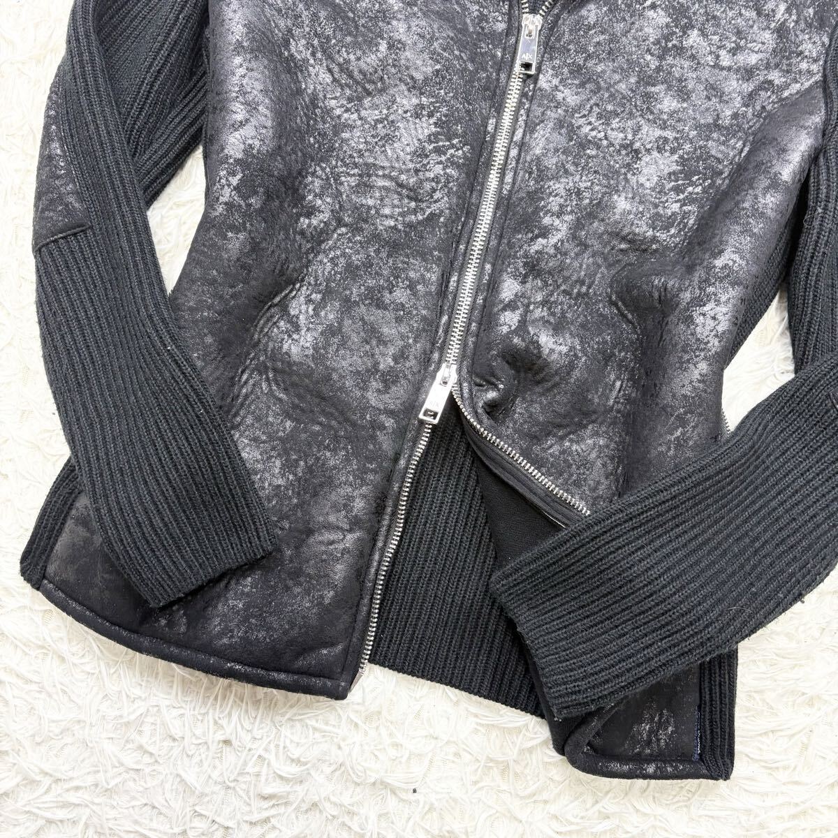 極美品/Lサイズ◎アルマーニエクスチェンジ ムートン 切替 ドライバーズニット ジップアップ ブルゾン ARMANI EXCHANGE 黒 ブラック メンズ_画像3