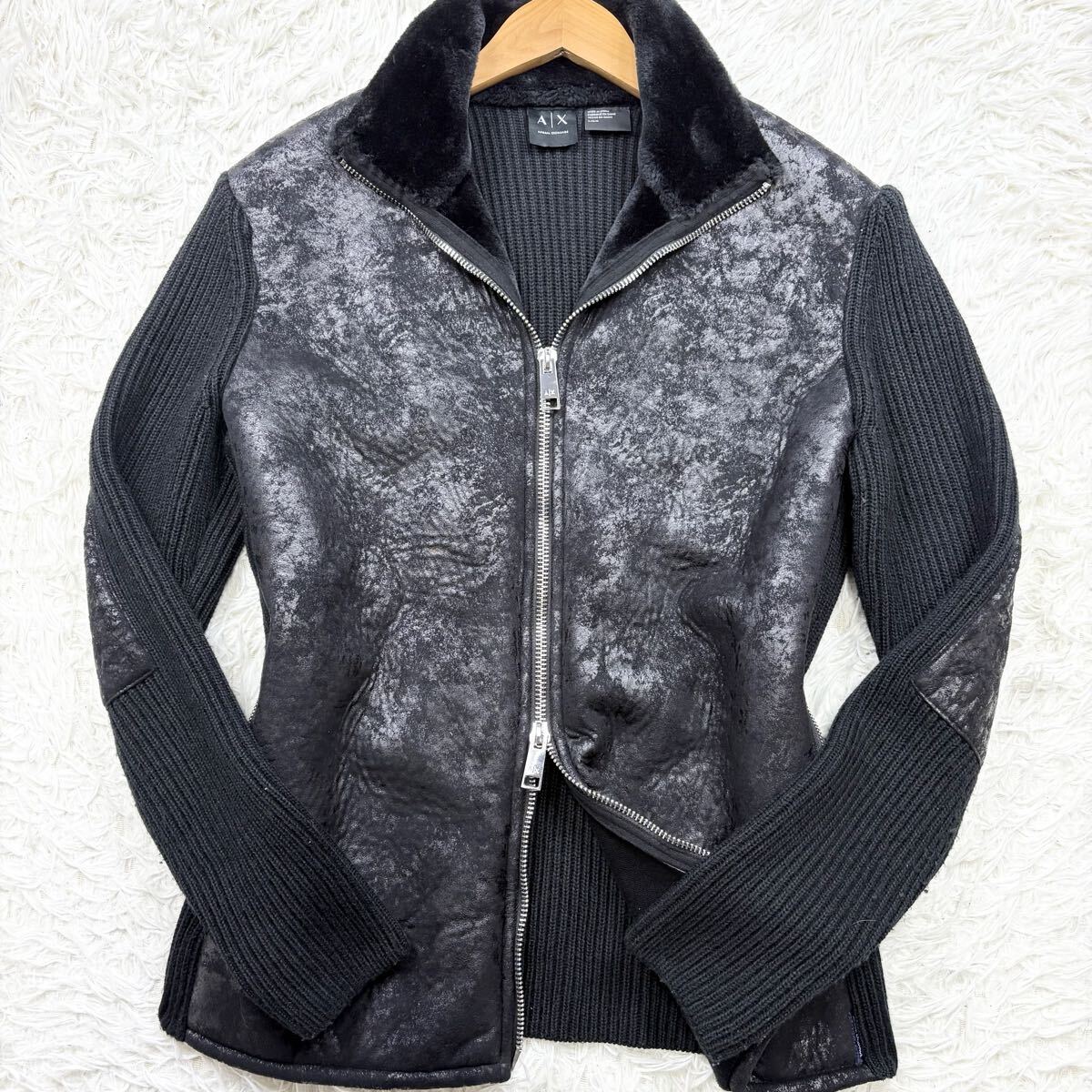極美品/Lサイズ◎アルマーニエクスチェンジ ムートン 切替 ドライバーズニット ジップアップ ブルゾン ARMANI EXCHANGE 黒 ブラック メンズ_画像4