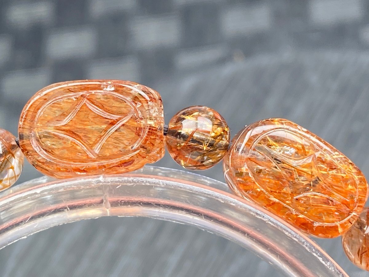 即決 0630b756 天然美品★【45Aキラキラブラック&ブラウンルチルクォーツ】★手彫り貔貅 ブレス 13x9x10mm(新品)_画像4