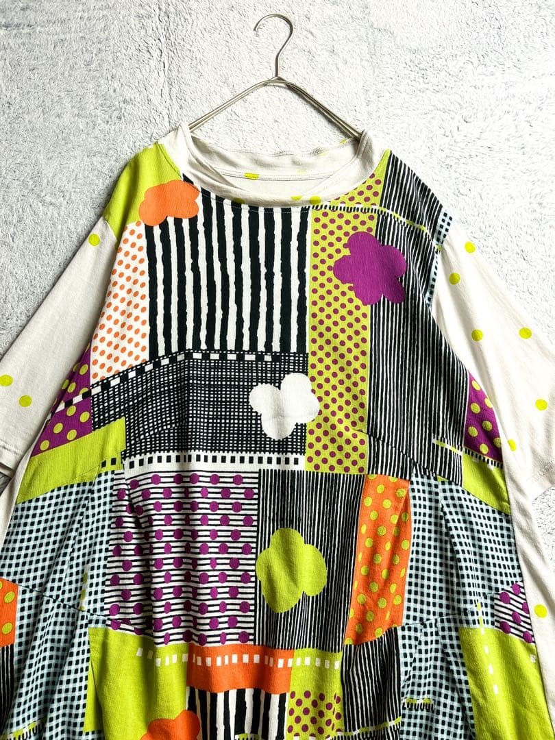 【慈雨】ジウ 花柄 チュニック カットソー パッチワーク風 マルチカラー 40_画像2