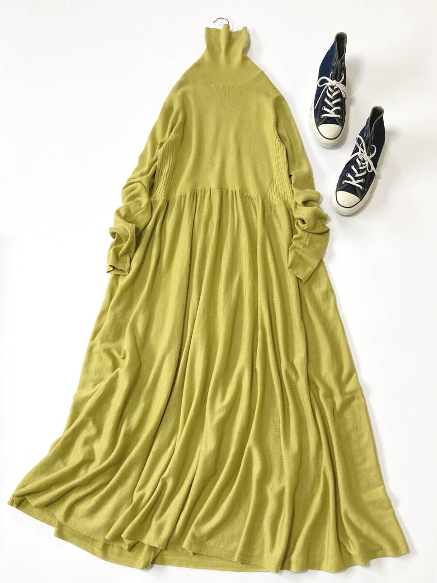 美品 Mila Owen ミラオーウェン イエロー タートルギャザーロングニットワンピース_画像1