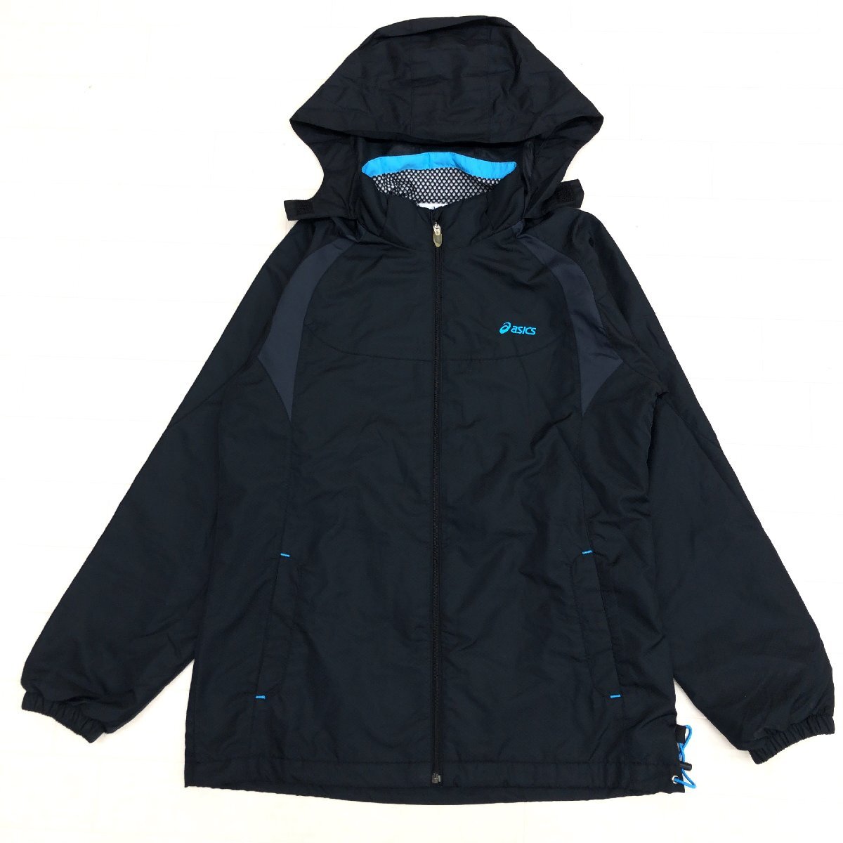 ASICS アシックス ロゴ刺繍 フーデット ウインドブレーカー ジャケット M 黒 ブラック ジャージ ブルゾン トラックジャケット レディース_画像1