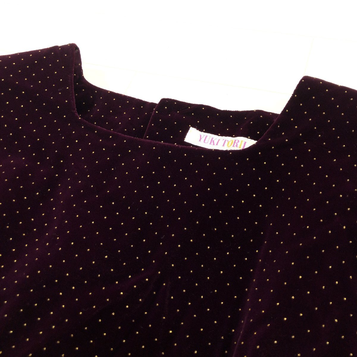 ●YUKI TORII ユキトリイ ヴィンテージ ベルベット ドット ドレス ワンピース F ボルドー ワインレッド 日本製 古着 レトロ 婦人 トリヰ_画像4