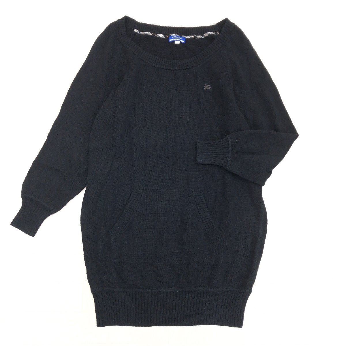 ●BURBERRY BLUE LABEL バーバリーブルーレーベル ホース刺繍 コットン ニット チュニック ワンピース 38(M) 黒 ブラック ミディ丈 女性用_画像1