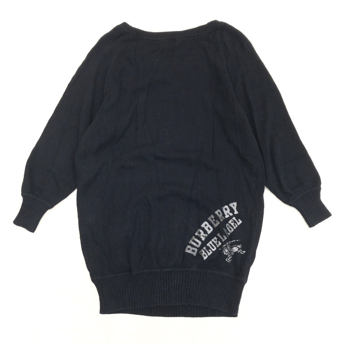 ●BURBERRY BLUE LABEL バーバリーブルーレーベル ホース刺繍 コットン ニット チュニック ワンピース 38(M) 黒 ブラック ミディ丈 女性用_画像2