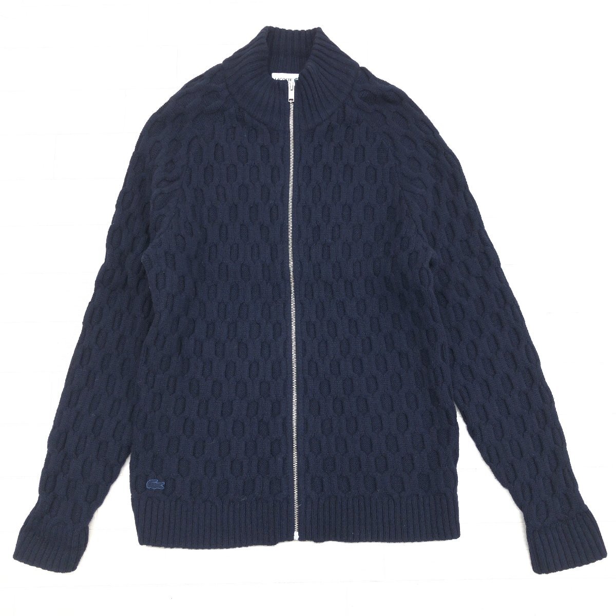 ●LACOSTE ラコステ ワニ刺繍 ハニカム編み ニットブルゾン 4 M相当 紺 ネイビー ジャケット カーディガン 羽織り 国内正規品 メンズ 紳士_画像1