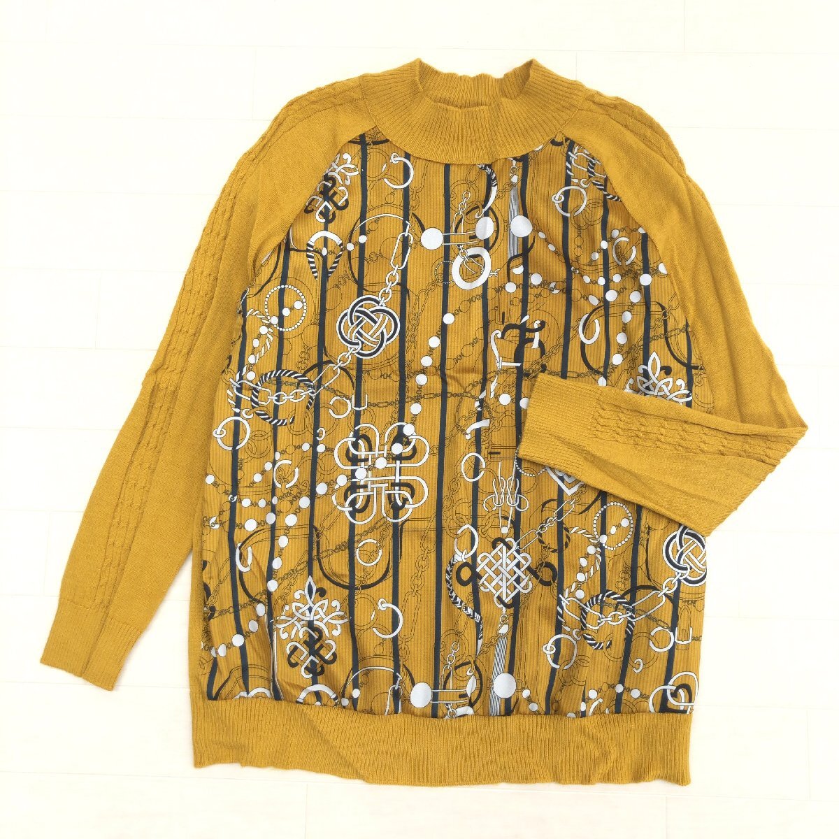 ROCHAS ロシャス レリアン フロント切替 モックネック ウール ニット セーター 11(L) からし マスタード 日本製 カットソー レディース_画像1