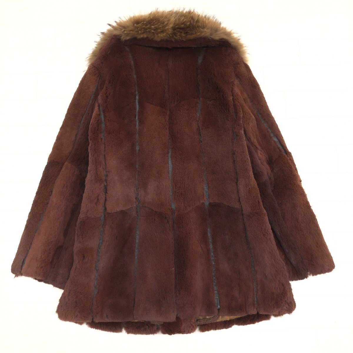◆Real Rabbit Fur Coat ラクーンファー付き 女優襟 ふわふわ ラビットファーコート M相当 ブラウン 毛皮 レディース 婦人 archive y2k_画像3