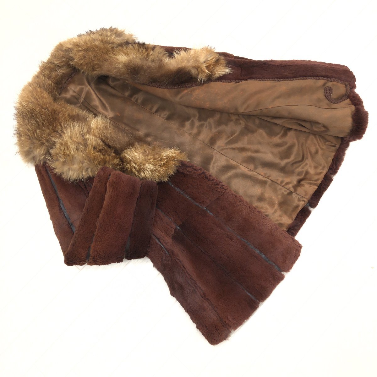 ◆Real Rabbit Fur Coat ラクーンファー付き 女優襟 ふわふわ ラビットファーコート M相当 ブラウン 毛皮 レディース 婦人 archive y2k_画像1