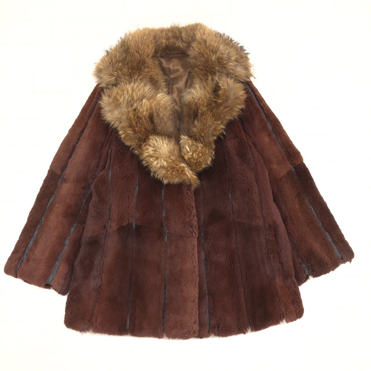 ◆Real Rabbit Fur Coat ラクーンファー付き 女優襟 ふわふわ ラビットファーコート M相当 ブラウン 毛皮 レディース 婦人 archive y2k_画像2