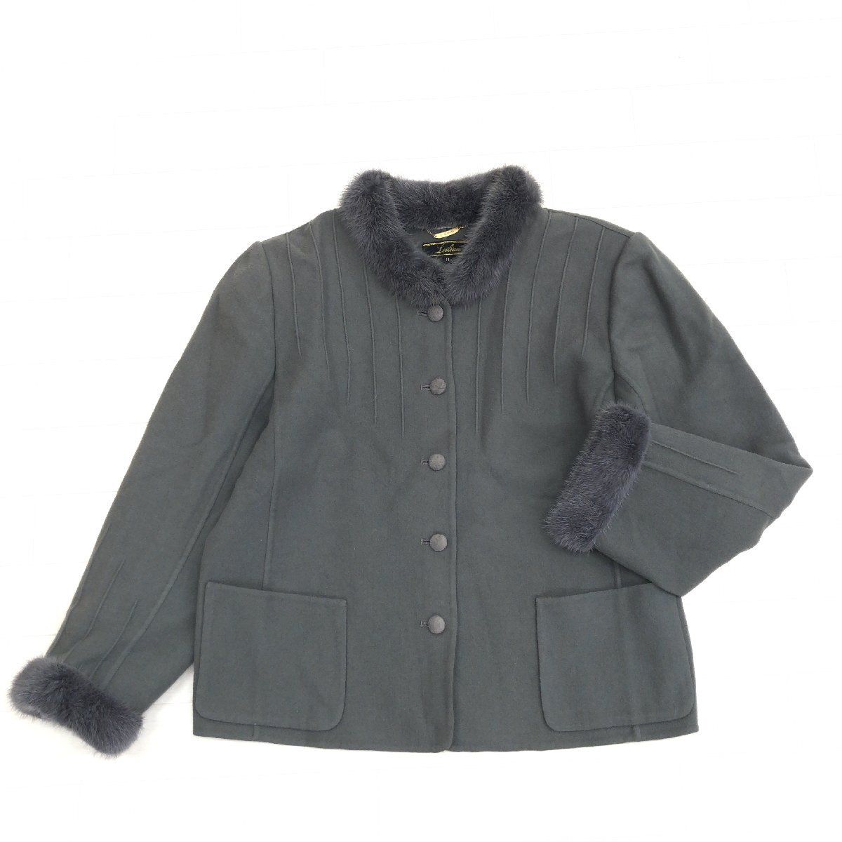 ●Leilian レリアン ミンクファー装飾 タスマニアウール100% ジャケット 11(L) グレー ブルゾン ウールジャケット 毛皮 レディース 婦人_画像1