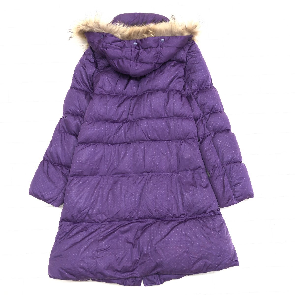 ◆LACOSTE ラコステ ピンドット 水玉柄 リアルファー Aライン ダウンコート 42 紫 パープル ロングコート ダウンパーカー レディース 婦人_画像2