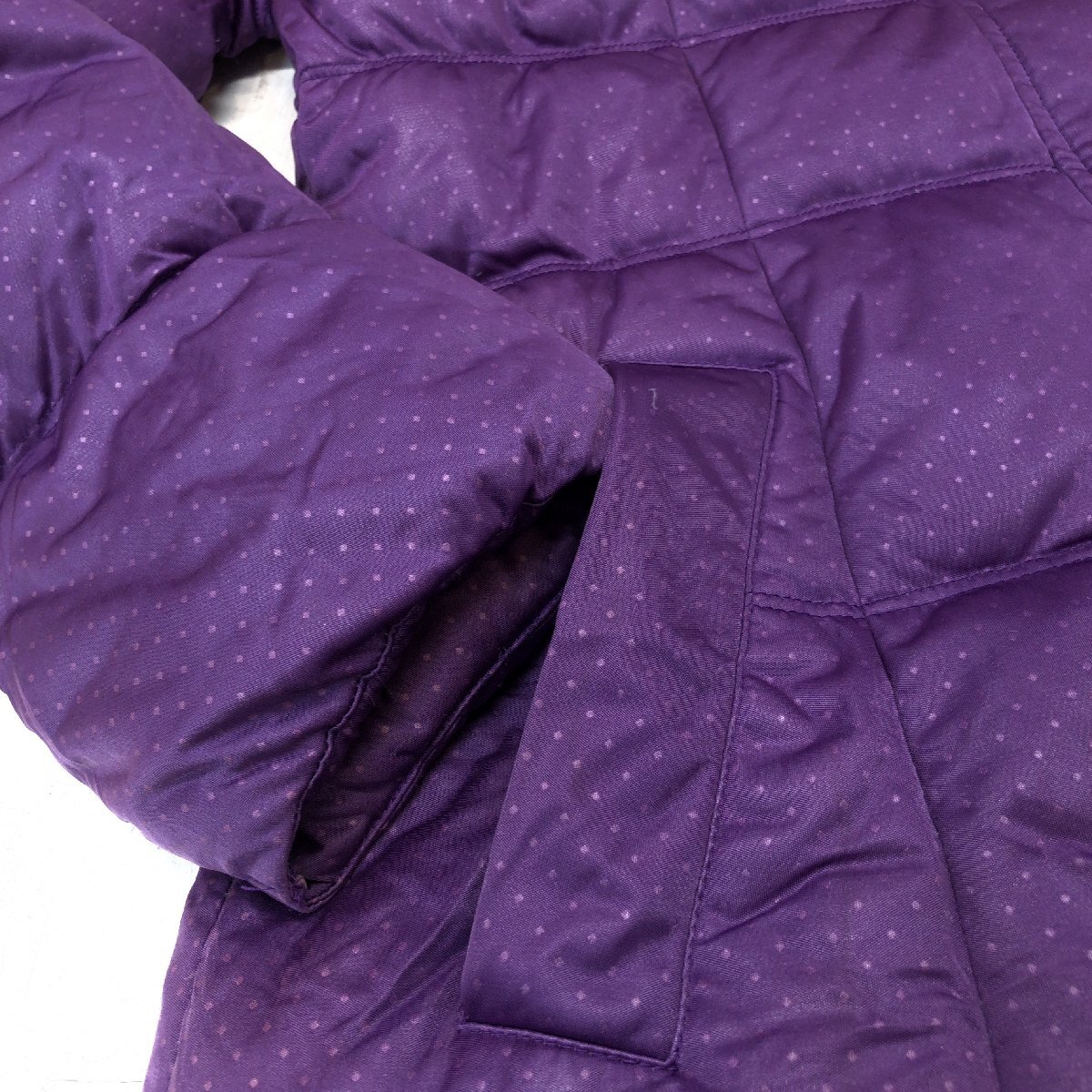 ◆LACOSTE ラコステ ピンドット 水玉柄 リアルファー Aライン ダウンコート 42 紫 パープル ロングコート ダウンパーカー レディース 婦人_画像8