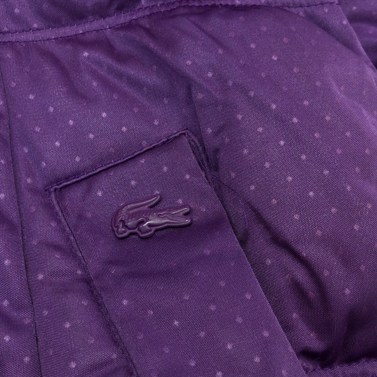 ◆LACOSTE ラコステ ピンドット 水玉柄 リアルファー Aライン ダウンコート 42 紫 パープル ロングコート ダウンパーカー レディース 婦人_画像7