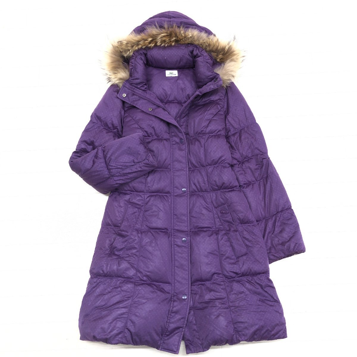 ◆LACOSTE ラコステ ピンドット 水玉柄 リアルファー Aライン ダウンコート 42 紫 パープル ロングコート ダウンパーカー レディース 婦人_画像1