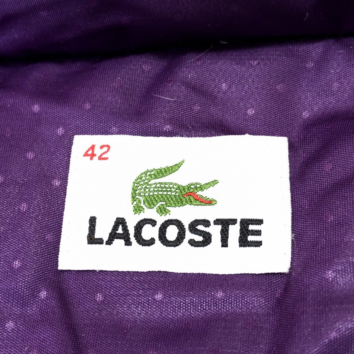 ◆LACOSTE ラコステ ピンドット 水玉柄 リアルファー Aライン ダウンコート 42 紫 パープル ロングコート ダウンパーカー レディース 婦人_画像3