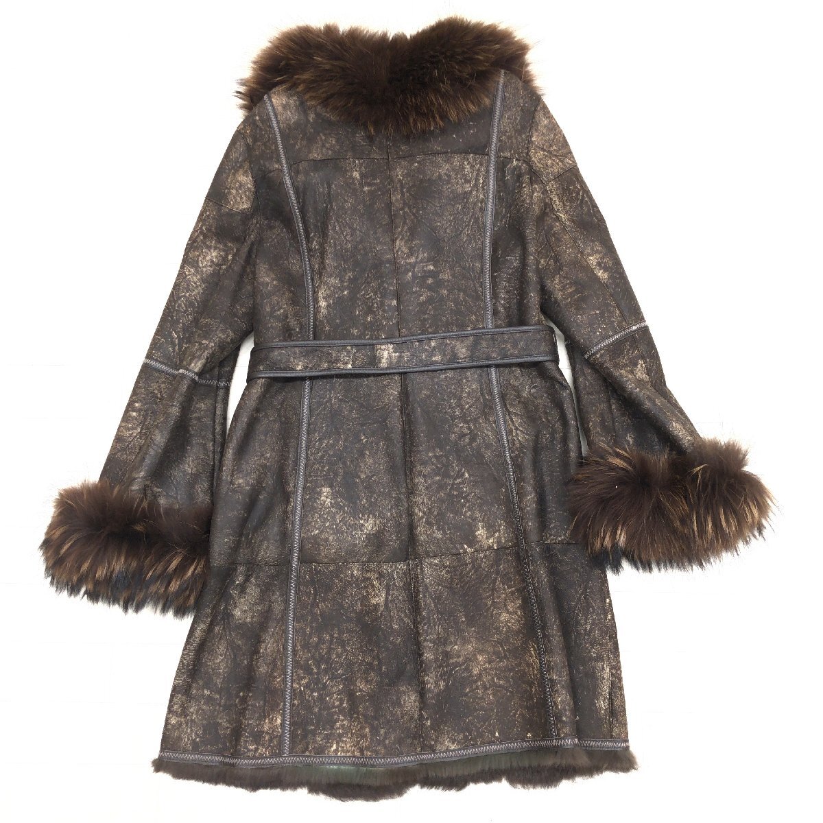 ◆Only you MILANO ラクーンファー付き 裏ファー 羊革 ラムレザー ロングコート M-L レザーコート 毛皮 ムートン y2k archive グランジ_画像2