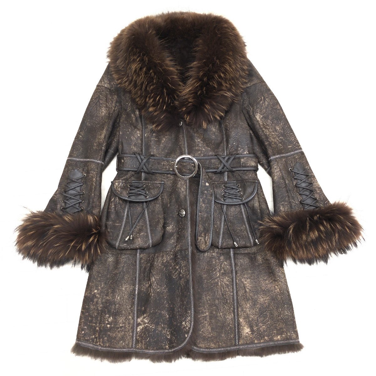 ◆Only you MILANO ラクーンファー付き 裏ファー 羊革 ラムレザー ロングコート M-L レザーコート 毛皮 ムートン y2k archive グランジ_画像1