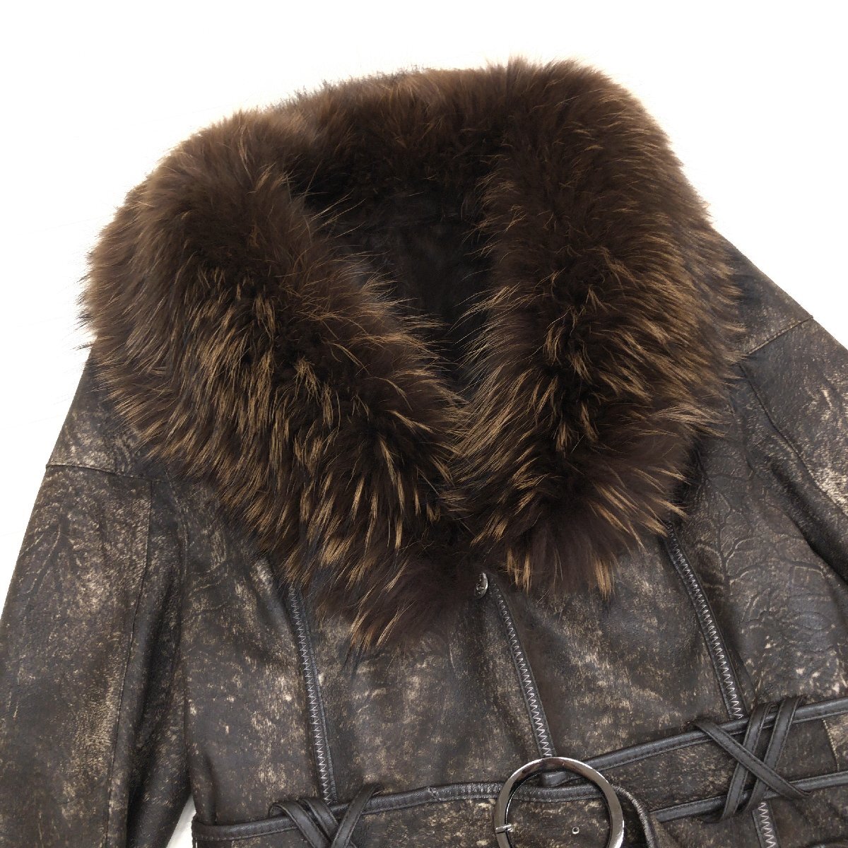 ◆Only you MILANO ラクーンファー付き 裏ファー 羊革 ラムレザー ロングコート M-L レザーコート 毛皮 ムートン y2k archive グランジ_画像5