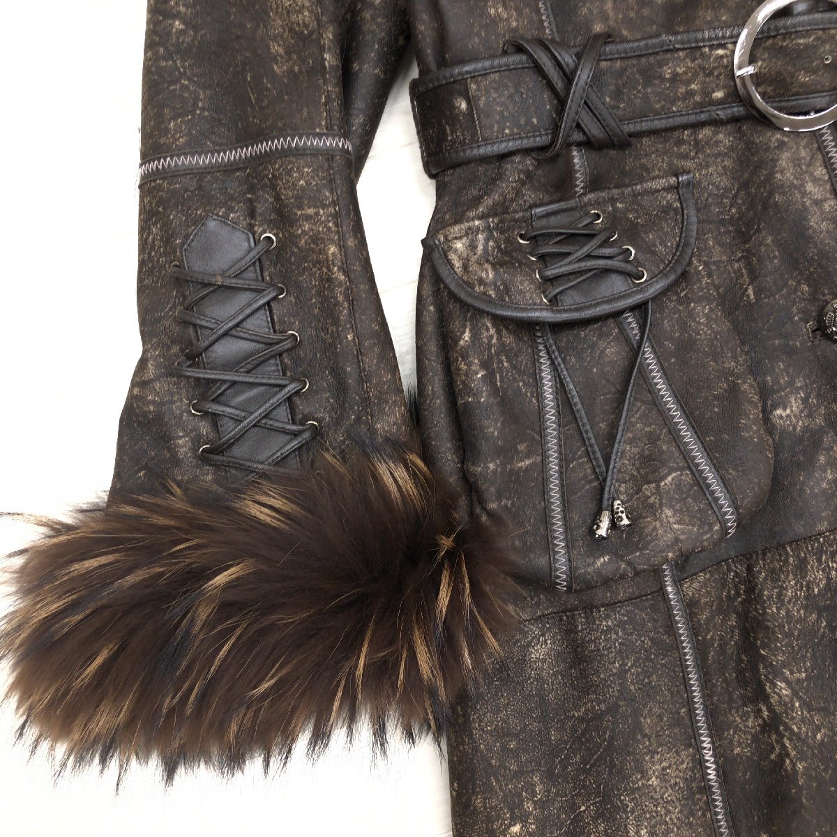 ◆Only you MILANO ラクーンファー付き 裏ファー 羊革 ラムレザー ロングコート M-L レザーコート 毛皮 ムートン y2k archive グランジ_画像8