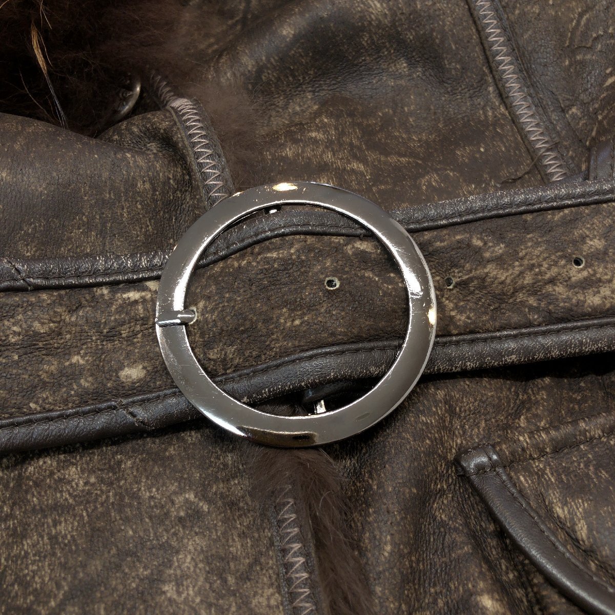 ◆Only you MILANO ラクーンファー付き 裏ファー 羊革 ラムレザー ロングコート M-L レザーコート 毛皮 ムートン y2k archive グランジ_画像7