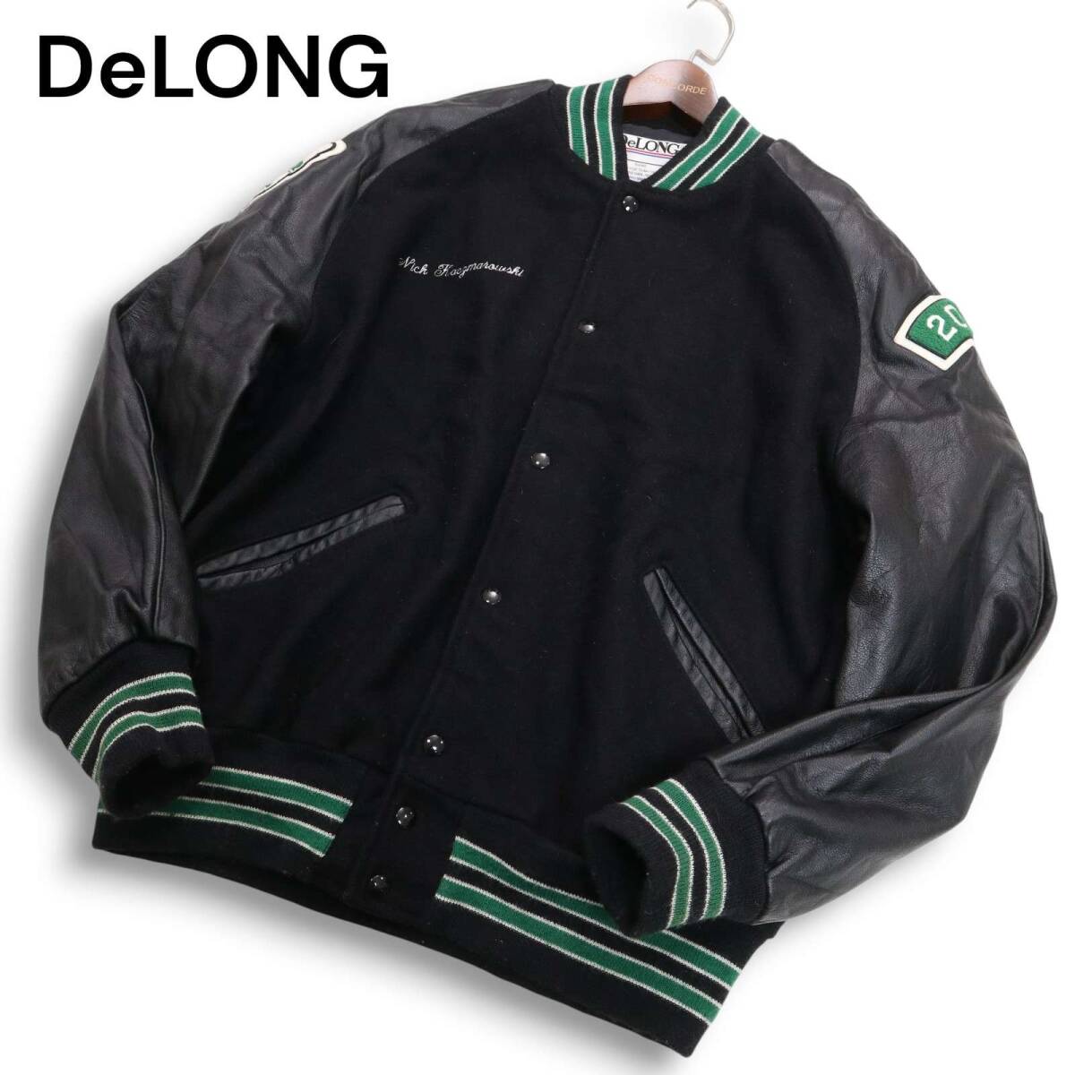 USA製★ DeLONG デロング 秋冬 袖革★ ワッペン レザー × ウール スタジャン ジャケット Sz.XL メンズ 黒_画像1