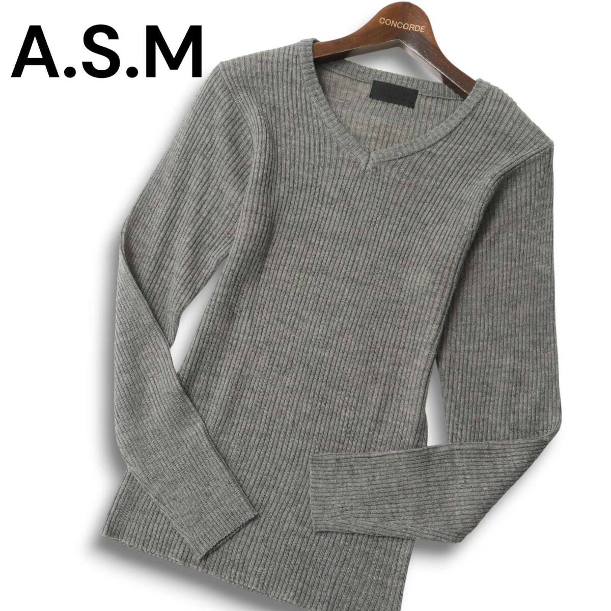A.S.M アトリエサブ メン 秋冬 リブ★ Vネック ニット セーター Sz.M メンズ 灰 グレー ASM_画像1