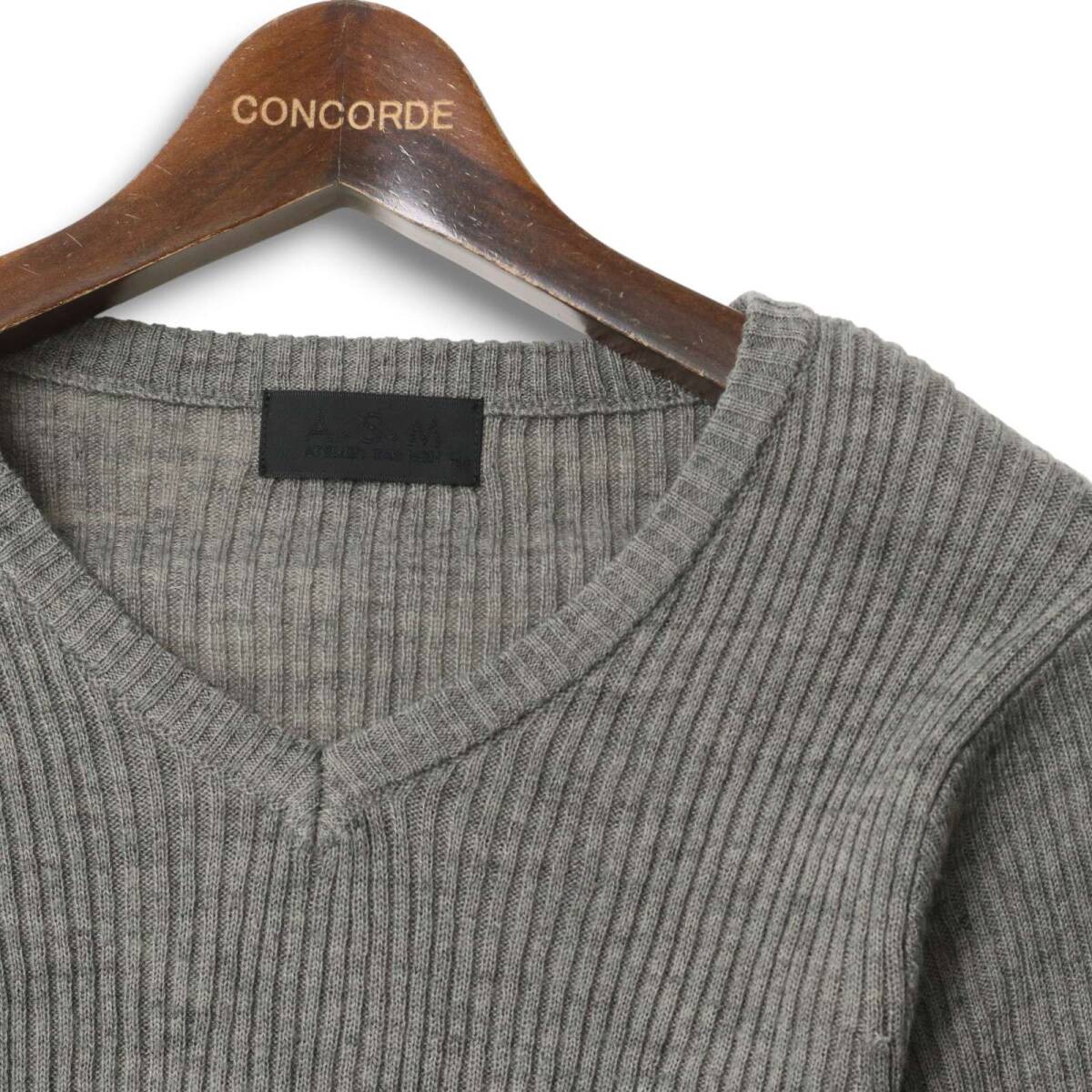 A.S.M アトリエサブ メン 秋冬 リブ★ Vネック ニット セーター Sz.M メンズ 灰 グレー ASM_画像2