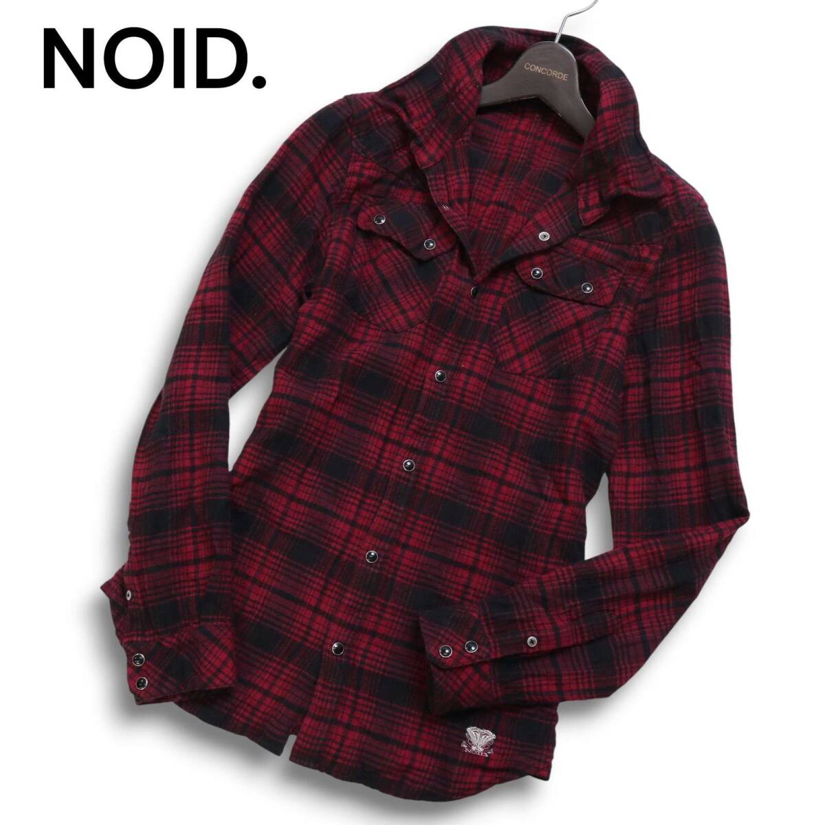 NOID. ノーアイディー 秋冬 ロゴ刺繍★ 襟ワイヤー 長袖 チェック ウエスタン フランネル シャツ Sz.1 メンズ_画像1