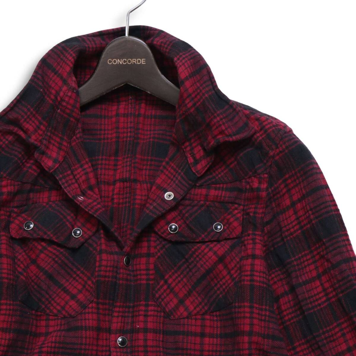 NOID. ノーアイディー 秋冬 ロゴ刺繍★ 襟ワイヤー 長袖 チェック ウエスタン フランネル シャツ Sz.1 メンズ_画像2