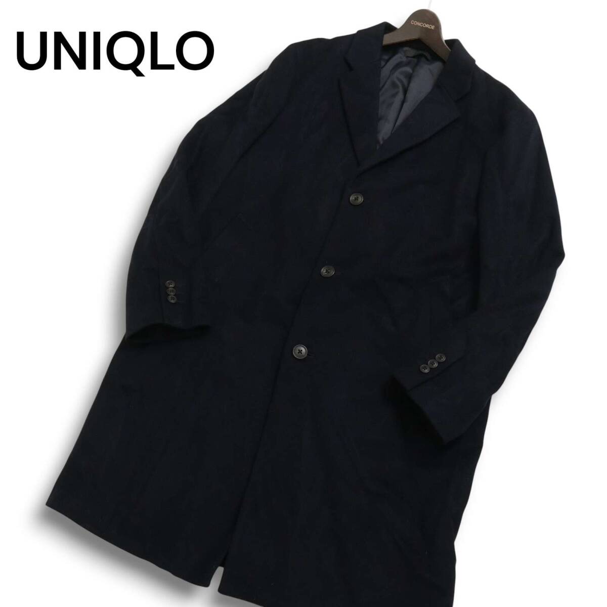 UNIQLO ユニクロ 秋冬★ ウール カシミヤ チェスターコート Sz.L メンズ 紺 ネイビー_画像1