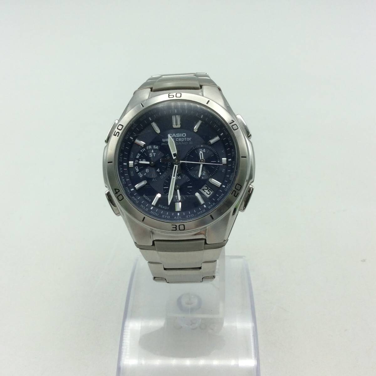 RR96★【ソーラー/稼働】腕時計 CASIO カシオ wave ceptor ウェーブセプター WVQ-M410 ネイビー系文字盤 3針 デイト シルバーカラー 現状品_画像1