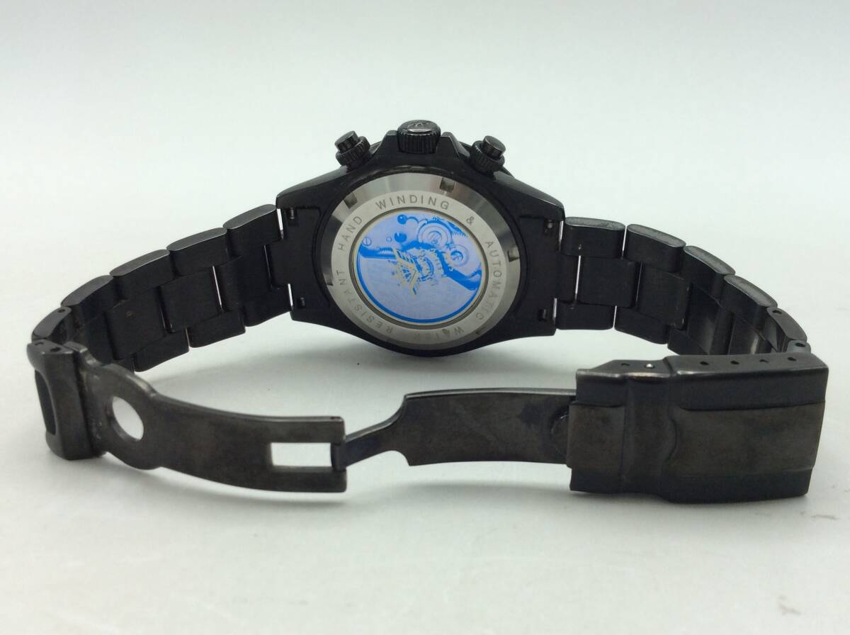 RR76★【AT/稼働】腕時計 DOMINIC ドミニク 自動巻 ブラック文字盤 3針 クロノグラフ 裏蓋スケルトン 現状品 ジャンク ※針破損_画像7