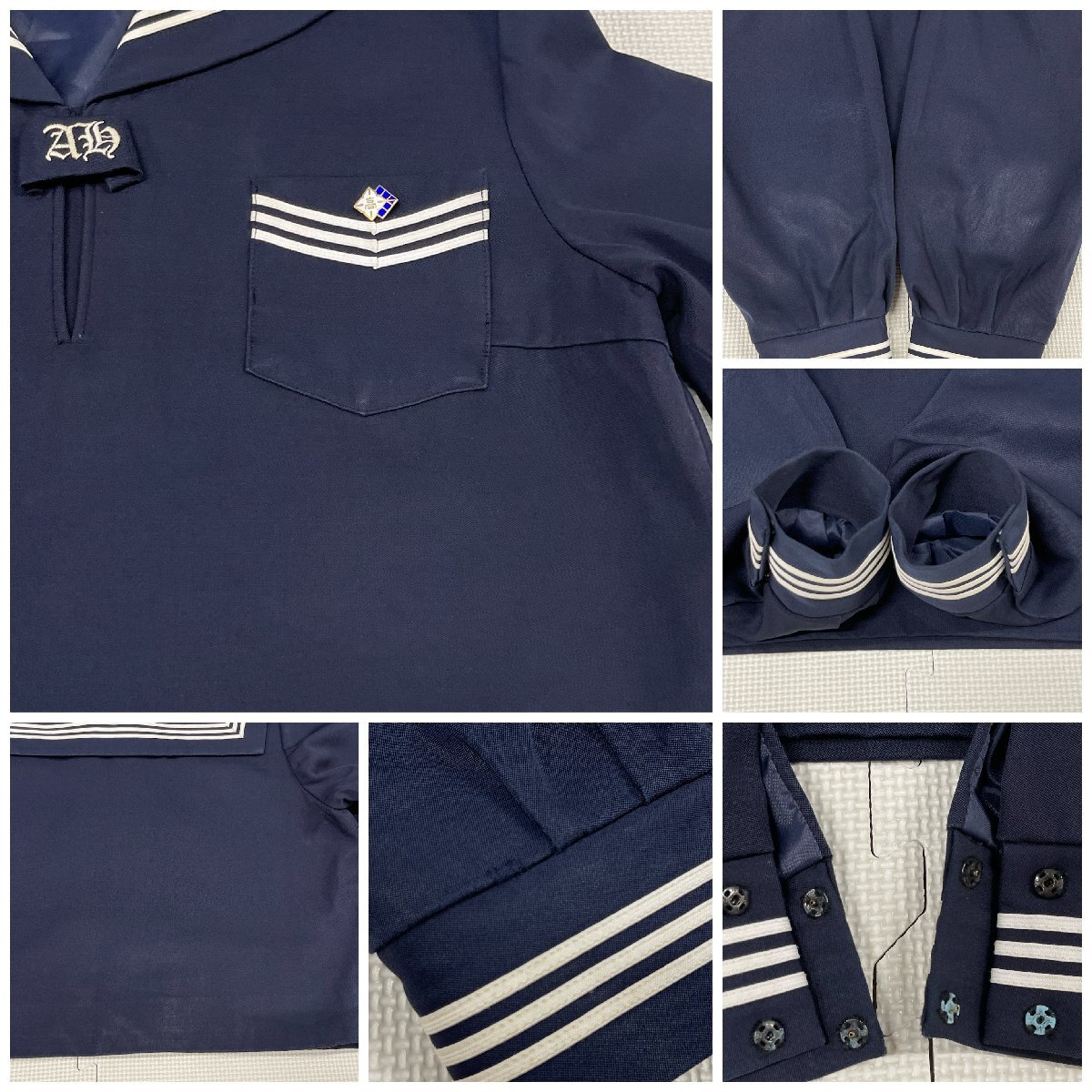 [U2165/Y]福島県 安達高校 6点 /校章付/セーラー:95B/冬夏スカート:W63~66,63~65程度/黒スカーフ/長袖/合服/半袖/KUNIOKA/白3本/女子制服_画像4