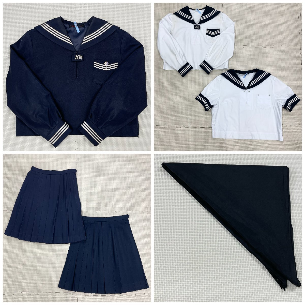 [U2165/Y]福島県 安達高校 6点 /校章付/セーラー:95B/冬夏スカート:W63~66,63~65程度/黒スカーフ/長袖/合服/半袖/KUNIOKA/白3本/女子制服_画像2