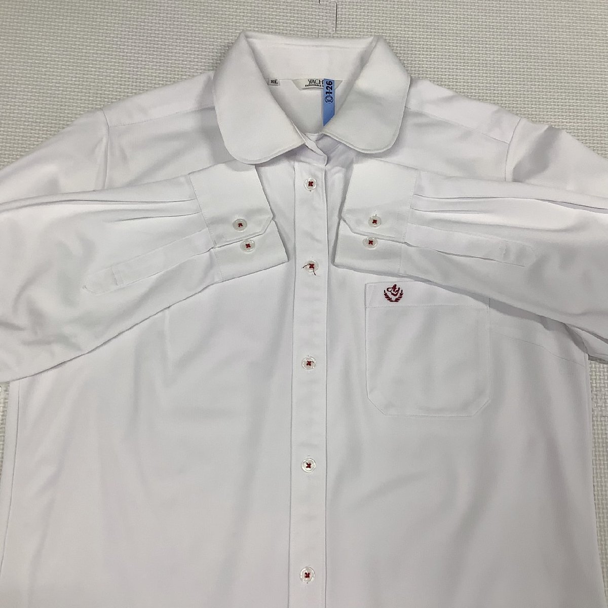 [I1830/]兵庫県 明石城西高校 2点 /大きい/指定品/半袖ブラウス:EL/夏スカート:W78丈65/白/グレー/チェック柄/ロゴ刺繍/夏服/中学/学生服_画像3