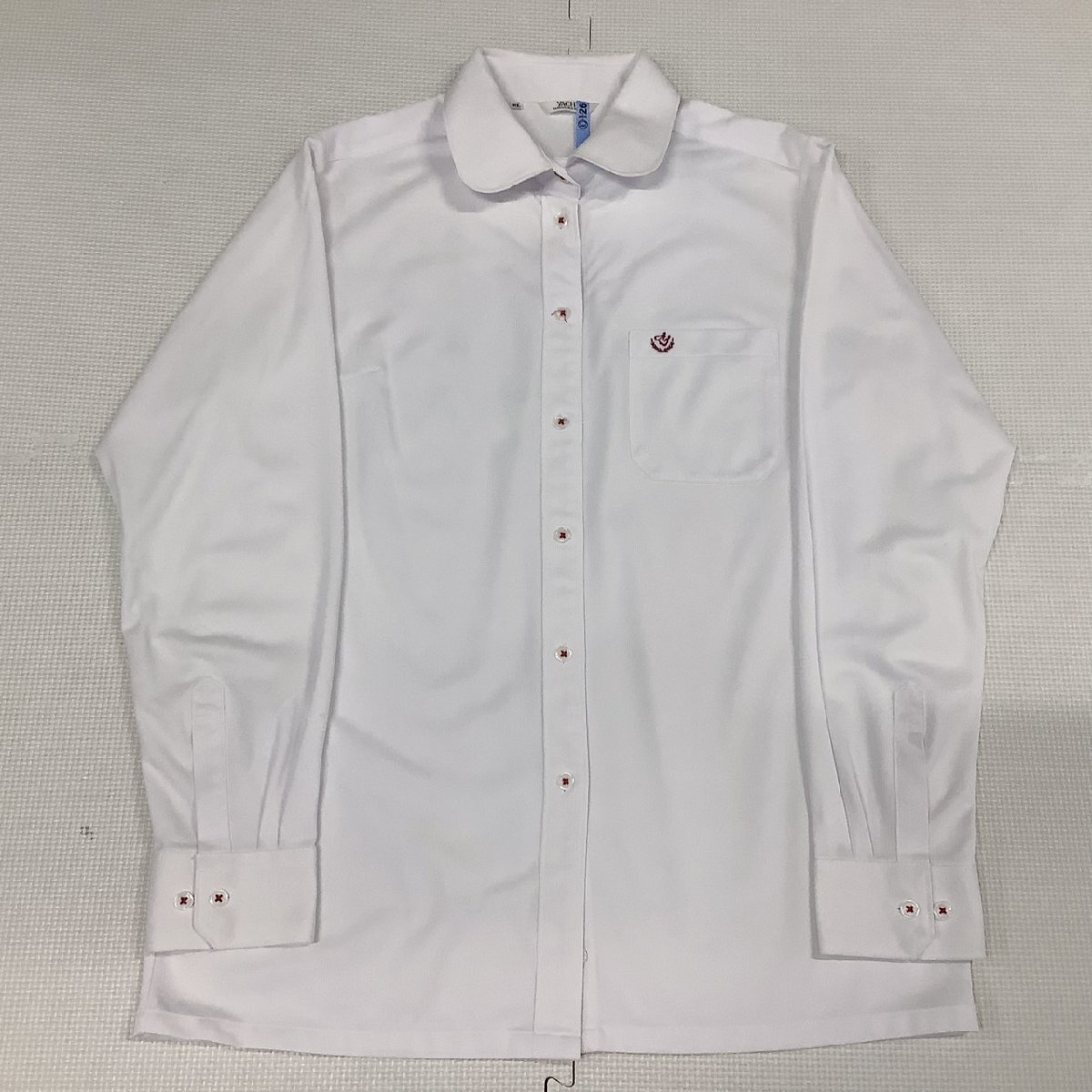 [I1830/]兵庫県 明石城西高校 2点 /大きい/指定品/半袖ブラウス:EL/夏スカート:W78丈65/白/グレー/チェック柄/ロゴ刺繍/夏服/中学/学生服_画像2