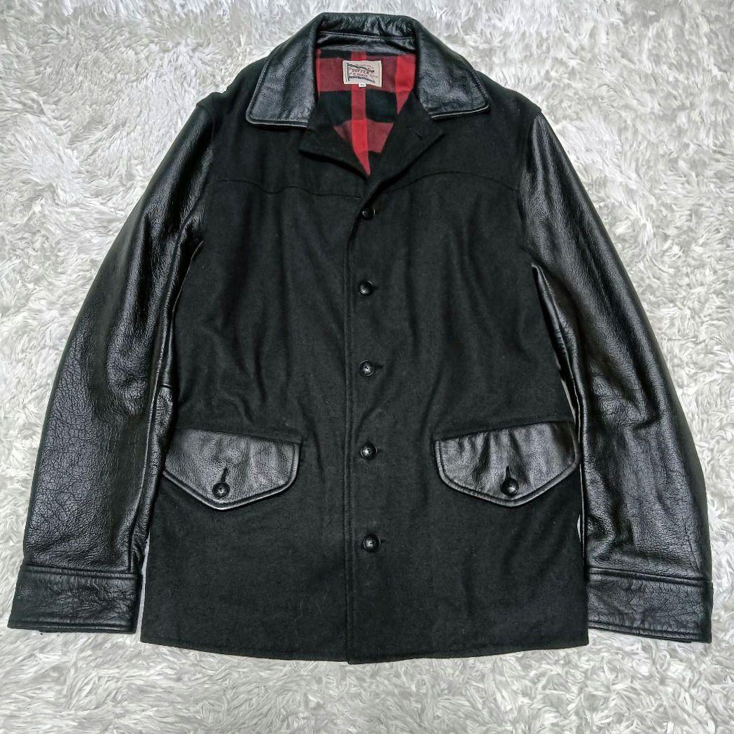 DUFFER　ウール×本革レザー　異素材切替　ブルゾンジャケット　牛革　XL　黒_画像2