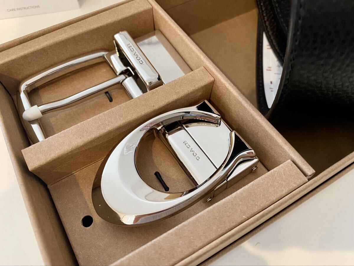 COACH Coach черный x Brown двусторонний простой ремень серебряный пряжка джентльмен бизнес ремень новый товар 