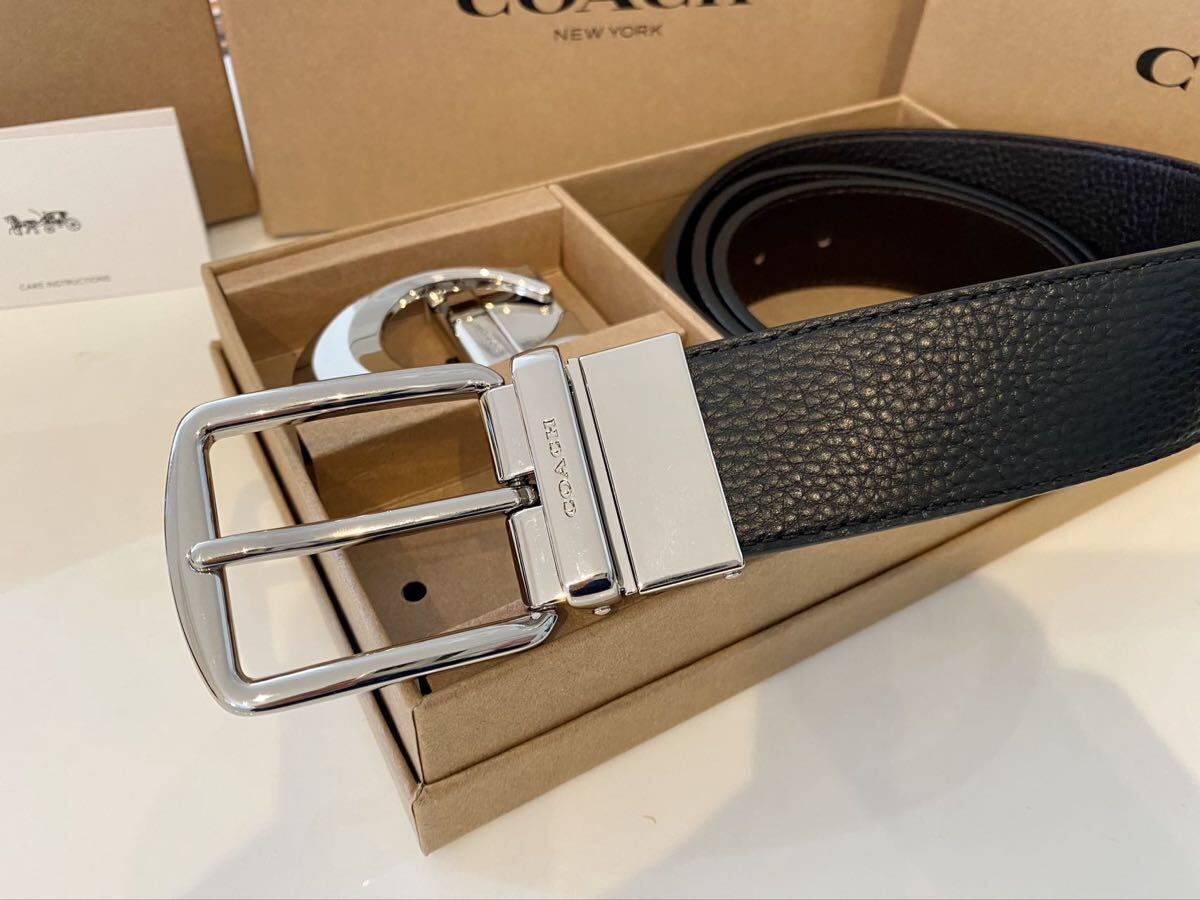 COACH Coach черный x Brown двусторонний простой ремень серебряный пряжка джентльмен бизнес ремень новый товар 
