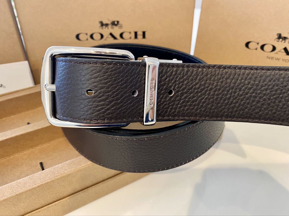 COACH Coach черный x Brown двусторонний простой ремень серебряный пряжка джентльмен бизнес ремень новый товар 